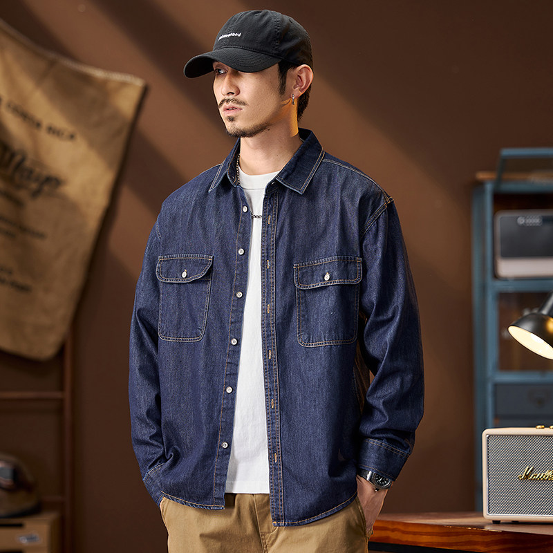 春季新款宽松大码牛仔衬衫男美式工装多口袋长袖衬衣薄款纯棉外套