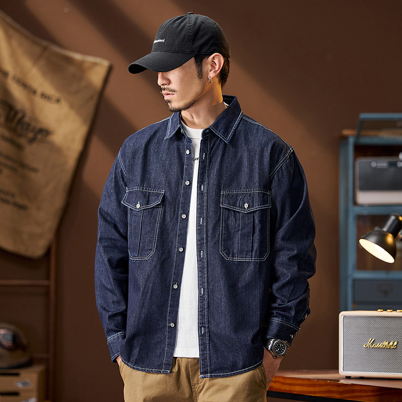 春季新款宽松大码牛仔衬衫男美式工装多口袋长袖衬衣薄款纯棉外套