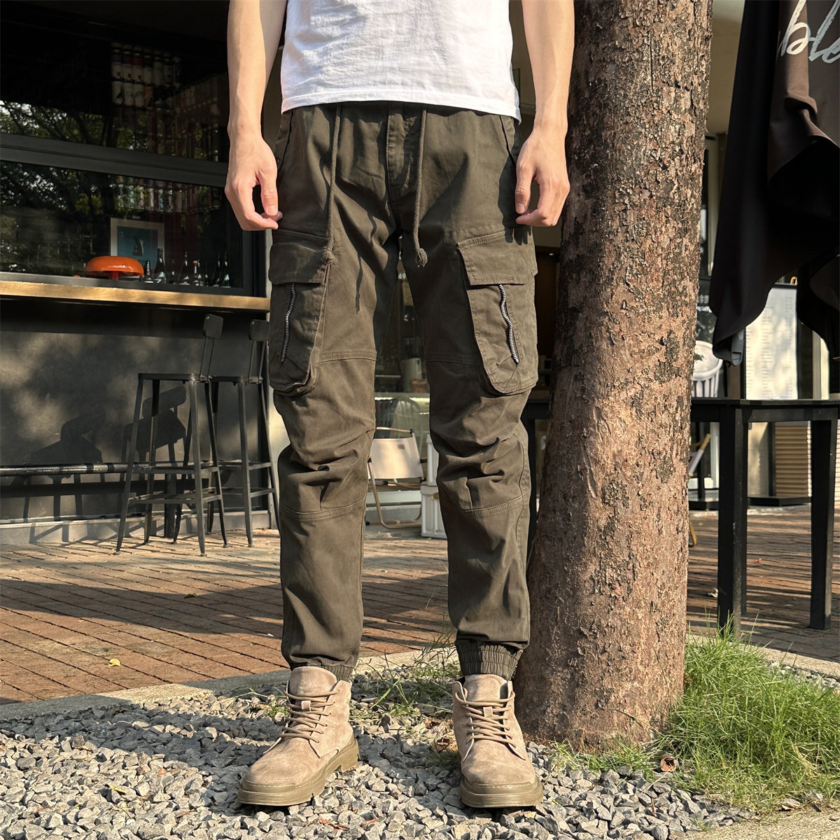 青年中腰男士束脚纯色长裤系绳