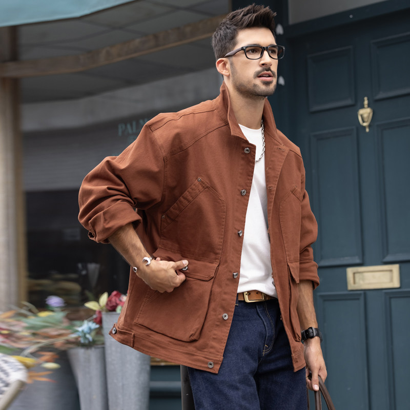 美式复古工装夹克男士翻领外套秋冬时尚帅气上衣多口袋潮流男款