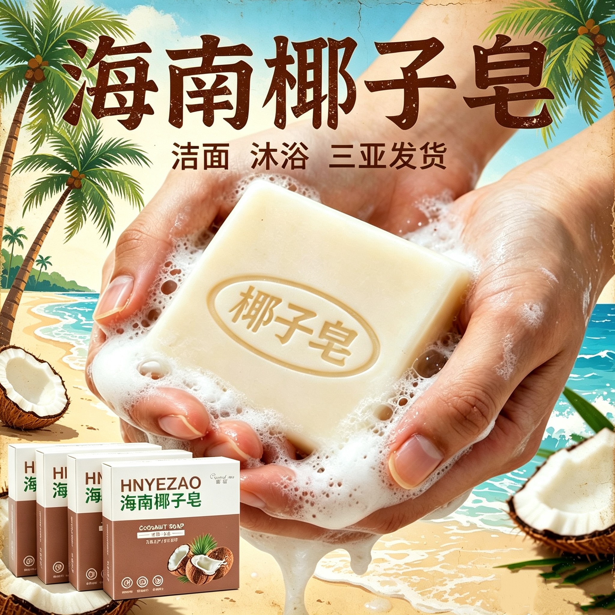 海南椰子皂100克*5盒海南特产沐浴洁面皂手工无菌制作椰造椰油膏
