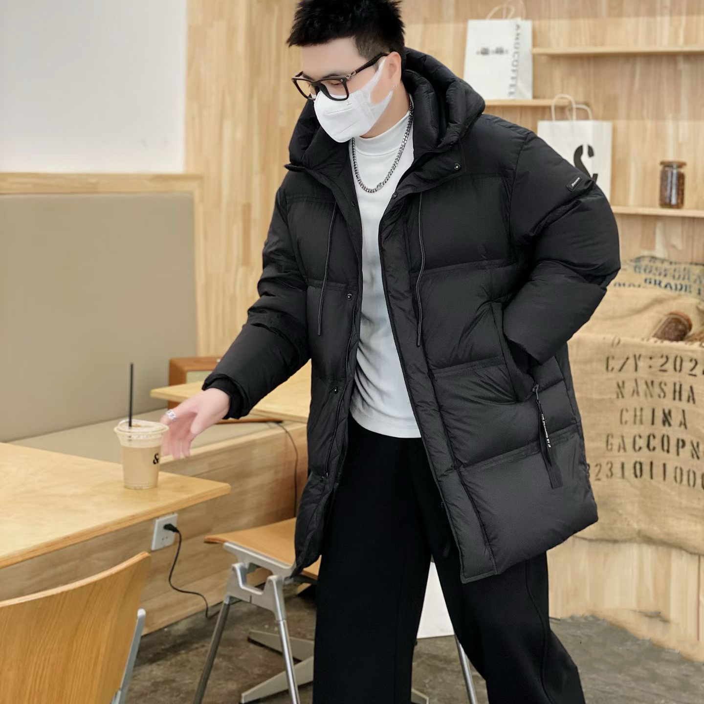 JF潮牌连帽中长款羽绒服男2025冬季新品修身时尚休闲90白鸭绒A888