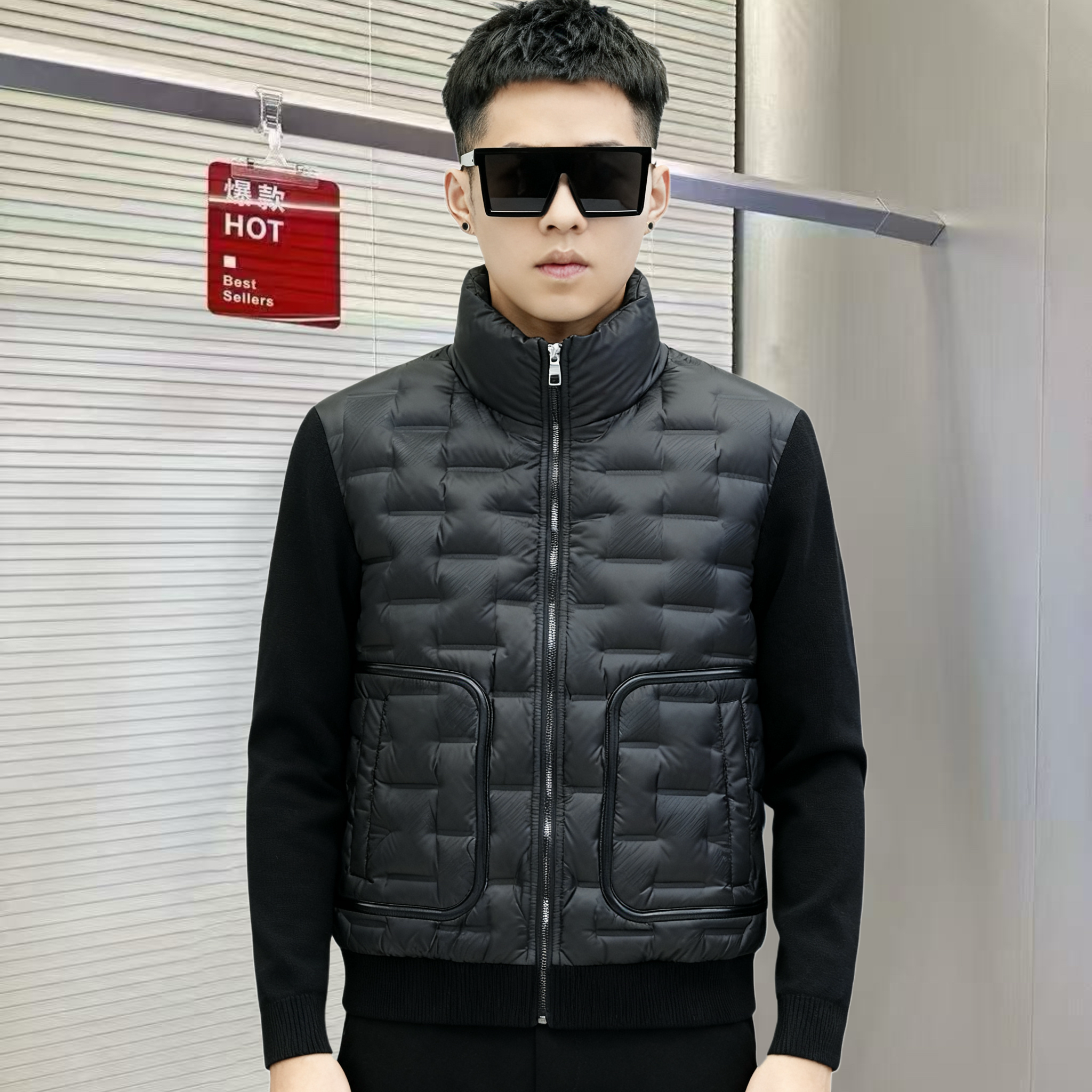 2025冬季新品立领羽绒服欧货高端针织袖拼接修身时尚休闲90白鸭绒