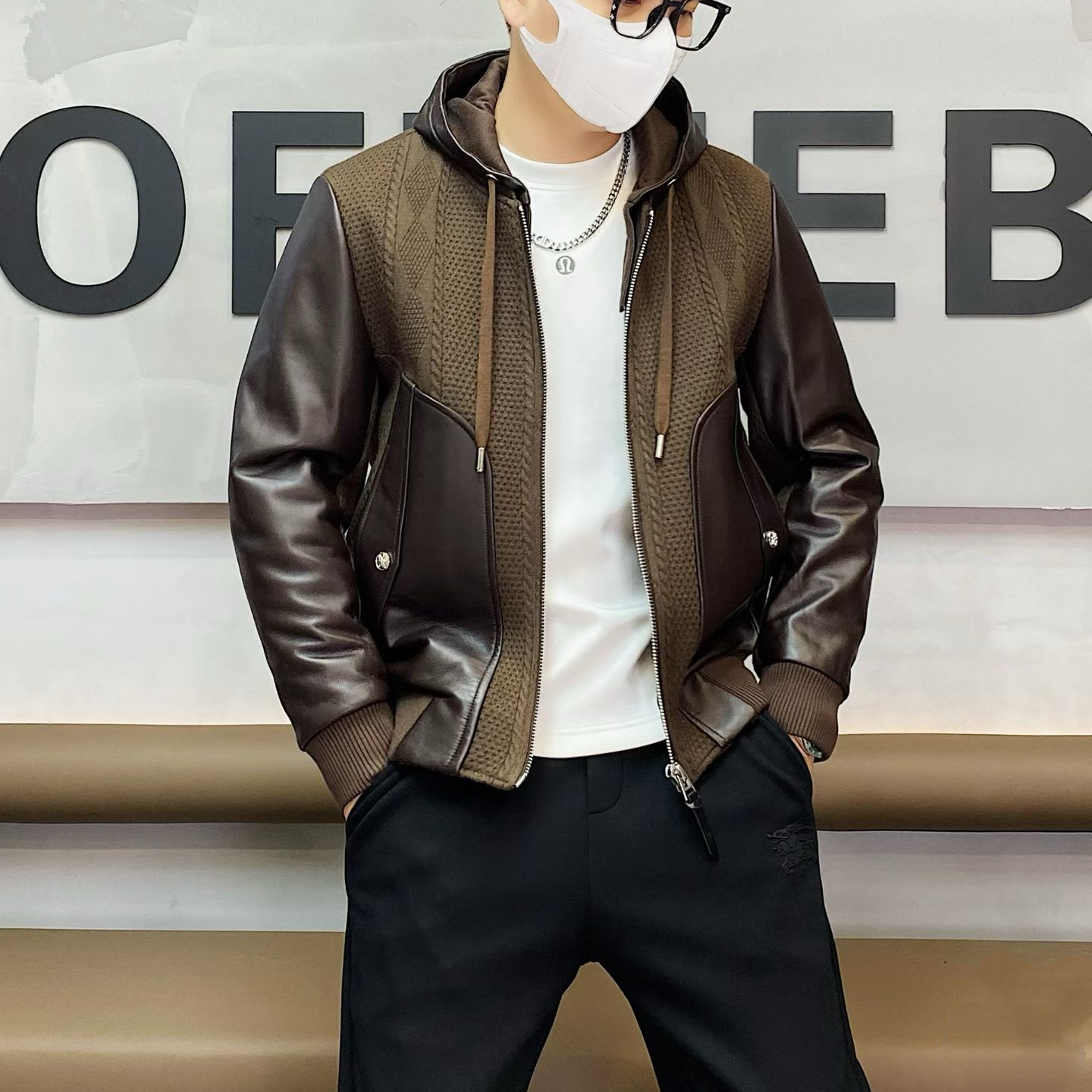 HAEETIEN潮牌可脱卸帽夹克外套2025秋冬季新品绵羊皮拼接修身时尚