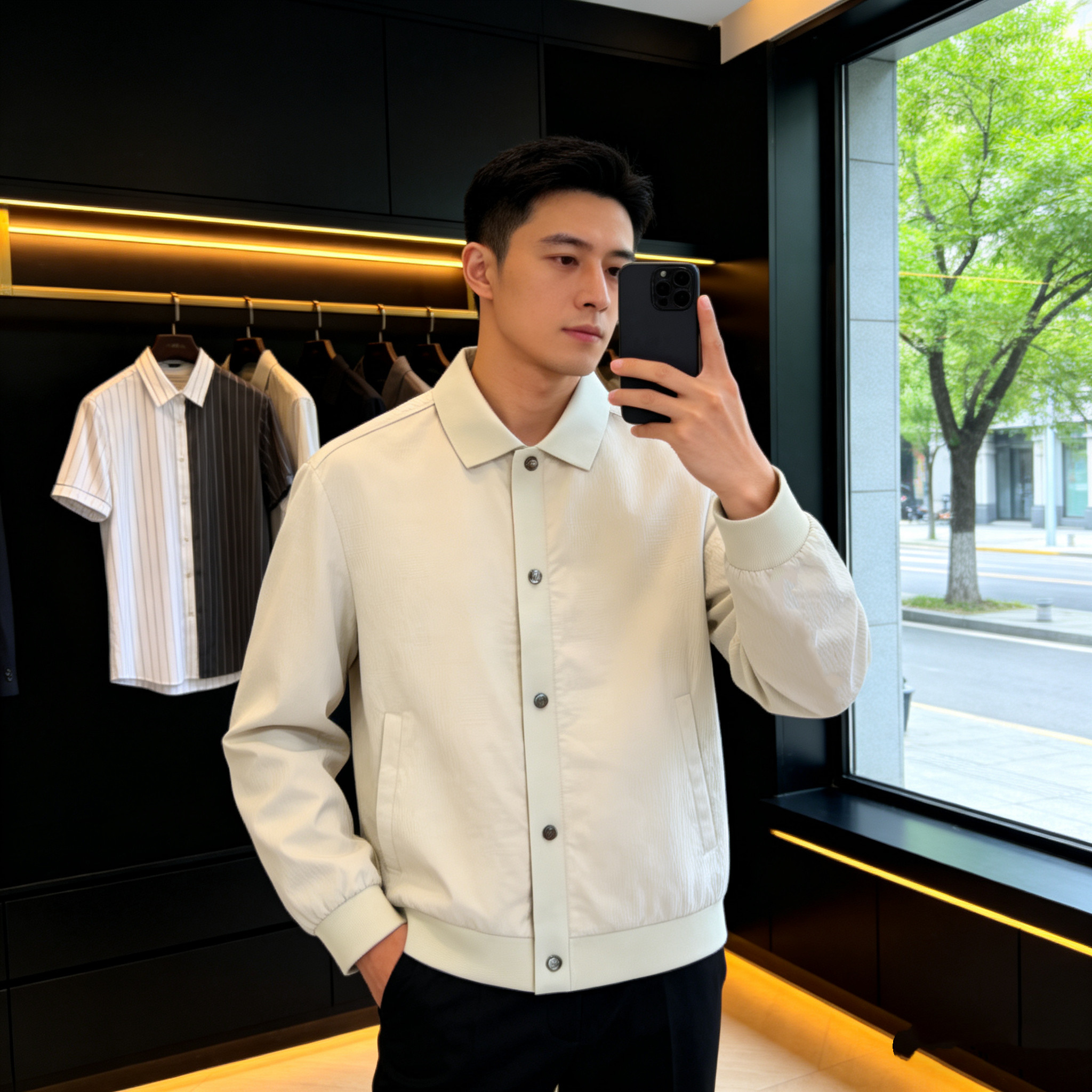 2026春季新品薄款针织翻领夹克外套欧货高端提花修身时尚休闲百搭