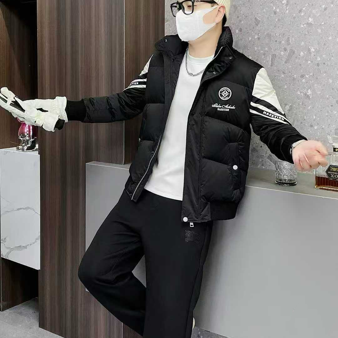 HAEETIEN潮牌立领羽绒服男2025冬季新品欧货微章字母刺绣修身休闲