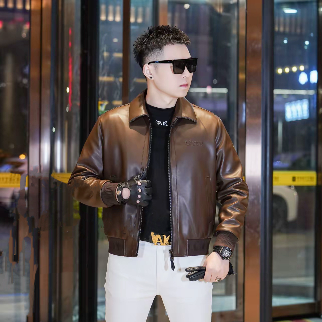 2025冬季新品鹅绒皮衣夹克欧货男高端绵羊皮修身时尚休闲AYR8032