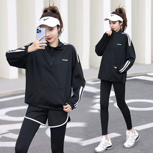 韩版瑜伽服套装学生女休闲运动跑步速干长袖连帽健身衣运动服装