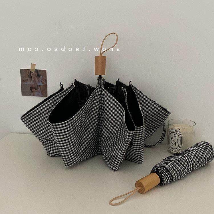 黑白格色系/ins简约黑胶遮阳伞少女晴雨伞两用折叠实木柄防晒伞,居家日用,伞,淘宝优惠券,粉丝福利购,淘宝优惠卷