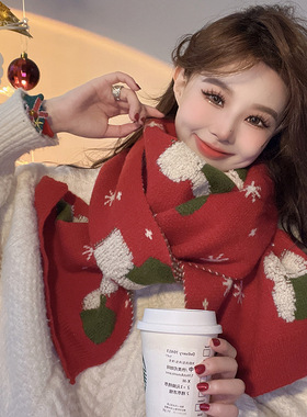 Christmas red scarf women's winter knitted scarf shawl围巾