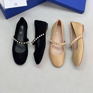 SW原单2025新款圆头珍珠一字带玛丽珍鞋平底芭蕾舞舒适羊皮单鞋