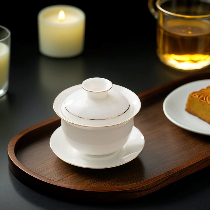 羊脂玉瓷盖碗茶杯陶瓷家用大号泡茶功夫三才碗描金茶碗茶具