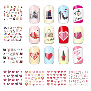 包邮水印美甲贴纸指甲贴纸高跟鞋唇膏香水瓶钻石爱心桃心字母包包