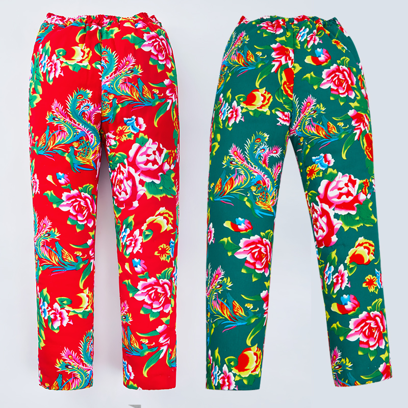 东北大花布纯棉花棉裤冬季成人男女高腰宽松加厚保暖裤子表演衣服