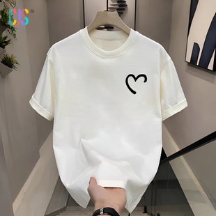 上衣半袖 半颗心印花纯棉短袖 休闲情侣装 体恤大码 百搭休闲简约男装