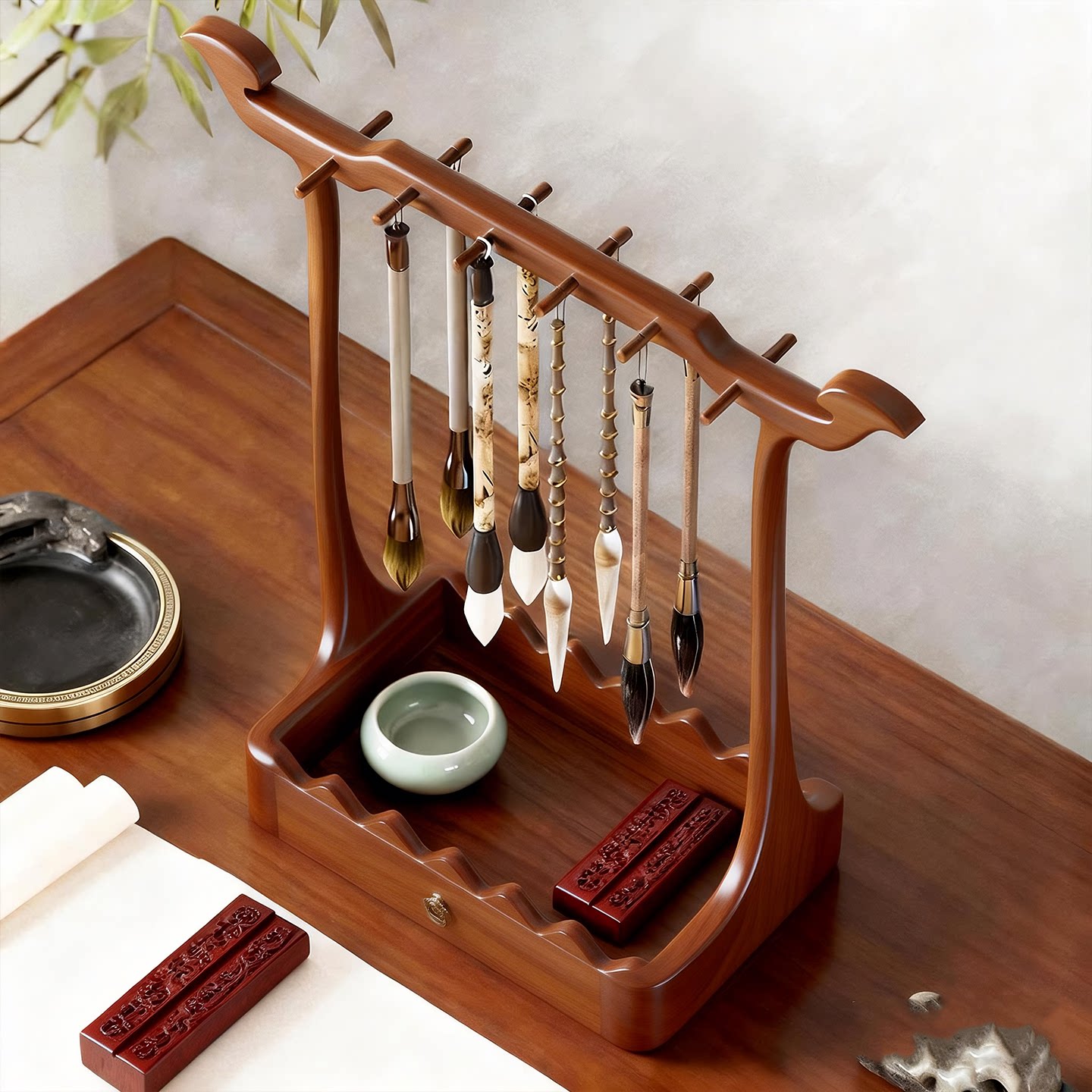 书房书法笔架桌面毛笔挂架文房四宝收纳架中式书画毛笔展示架摆件