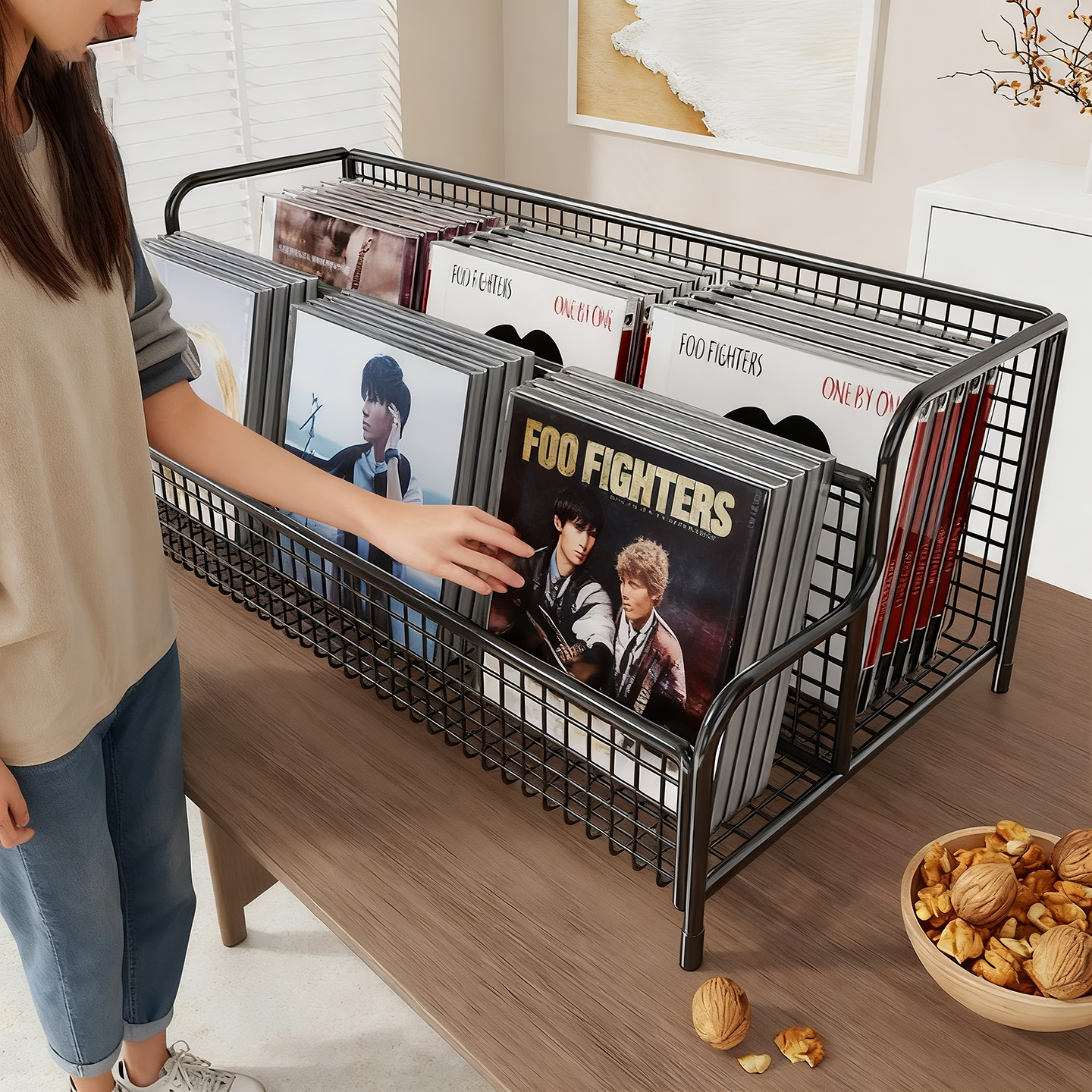CD碟片收纳架桌面光碟盘磁带分隔收藏架台面铁艺黑胶唱片存放架子