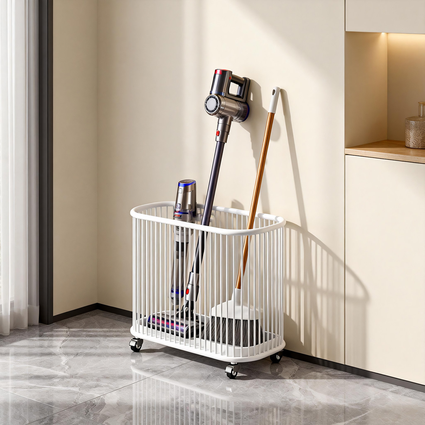 带轮可移动吸尘器储物筐家用清洁工具置物篮客厅扫把拖把收纳筐子,收纳整理,脏衣篮,淘宝优惠券,粉丝福利购,淘宝优惠卷