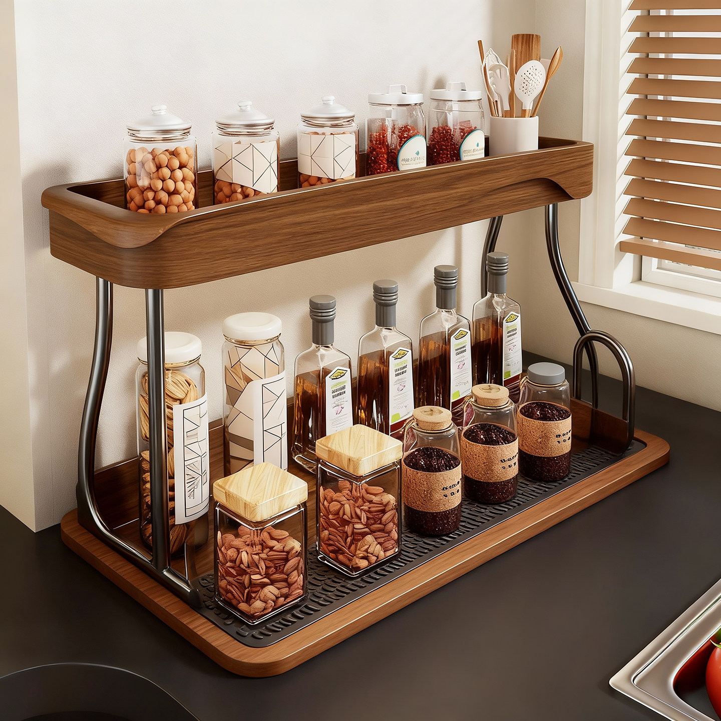 厨房实木调料置物架灶台桌面调味品佐料收纳整理架油盐酱醋陈列架