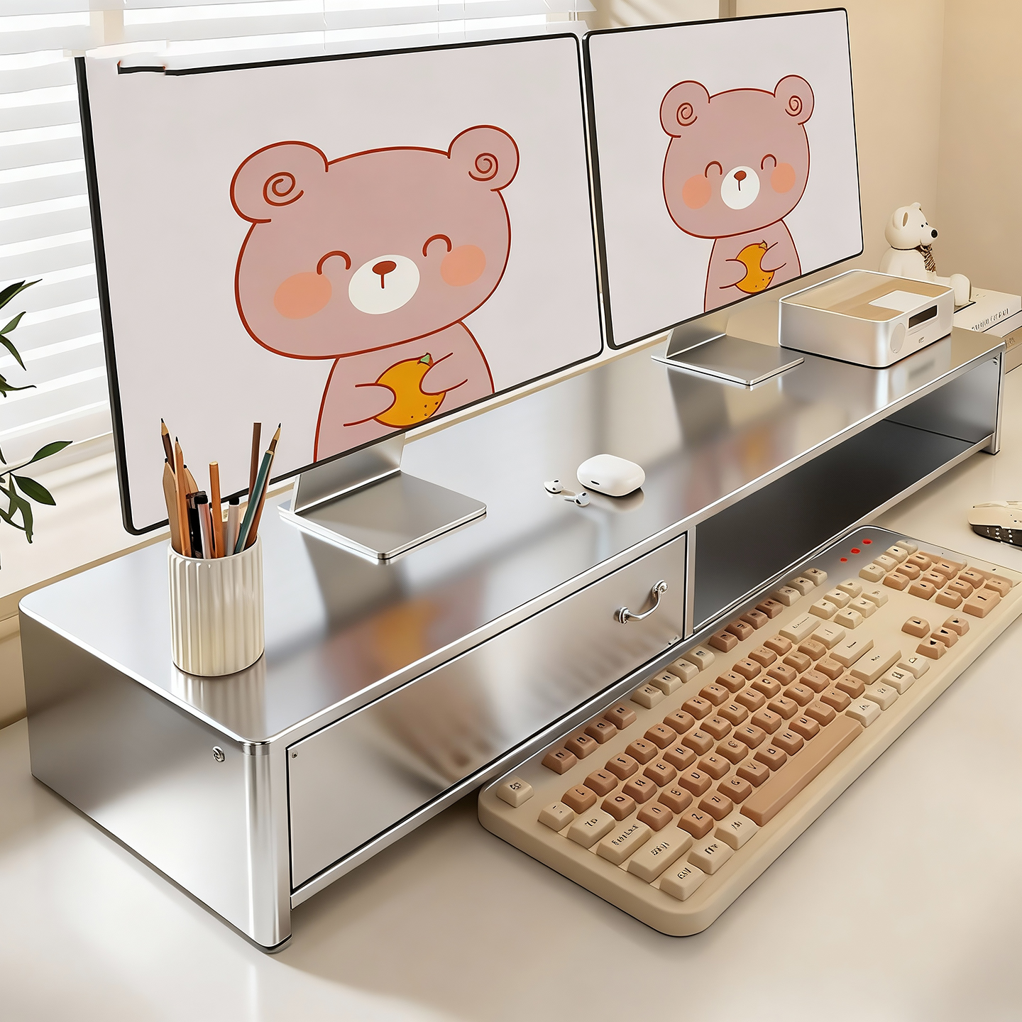 实木电脑增高架带抽屉键盘收纳架