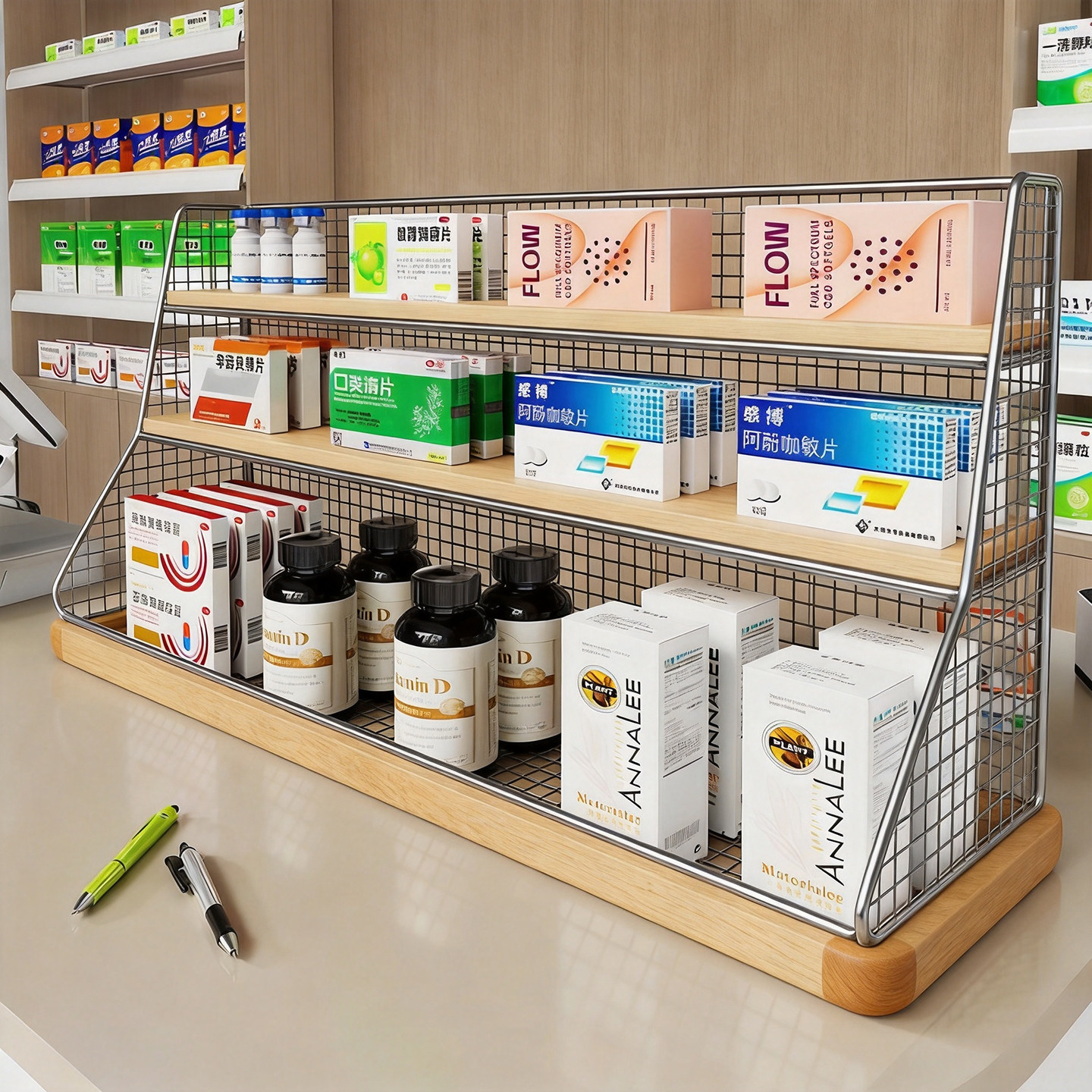 药店置物架日常药物收纳架桌面药品分层储物架柜台药盒多层展示架