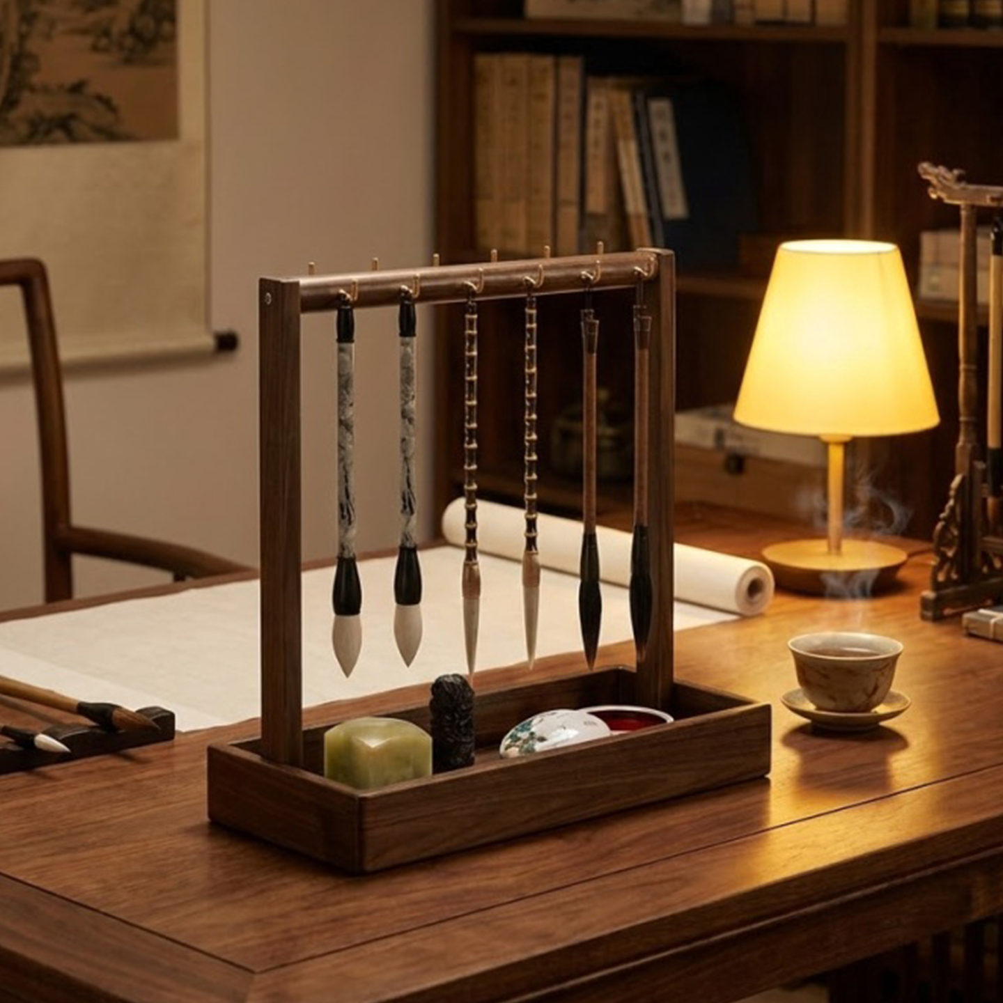 中式毛笔挂架多功能收纳架桌面文房四宝摆件学生书法专用笔架笔托