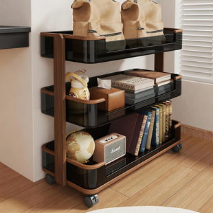 实木书架落地多层置物架可移动书本收纳架带轮储物小推车简易书柜