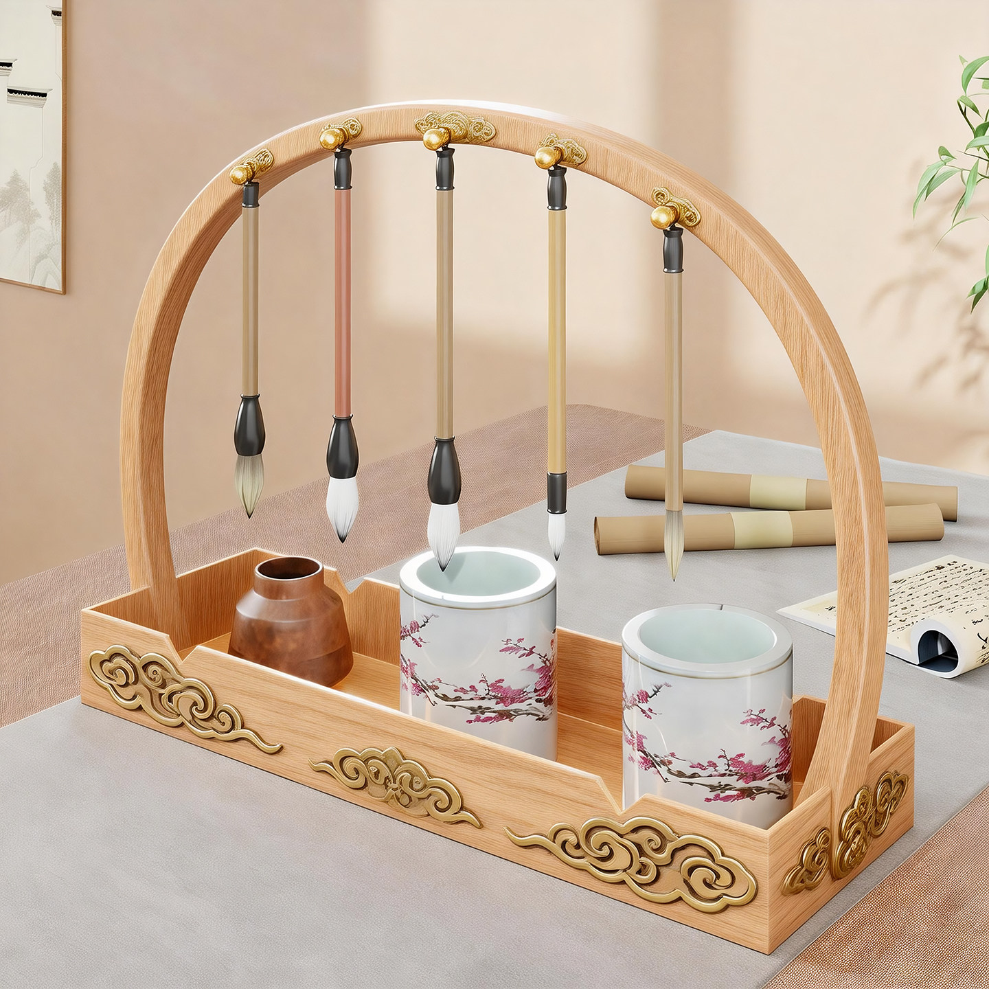 实木毛笔收纳挂架家用桌面书法用品置物架书房文房四宝整理收纳架