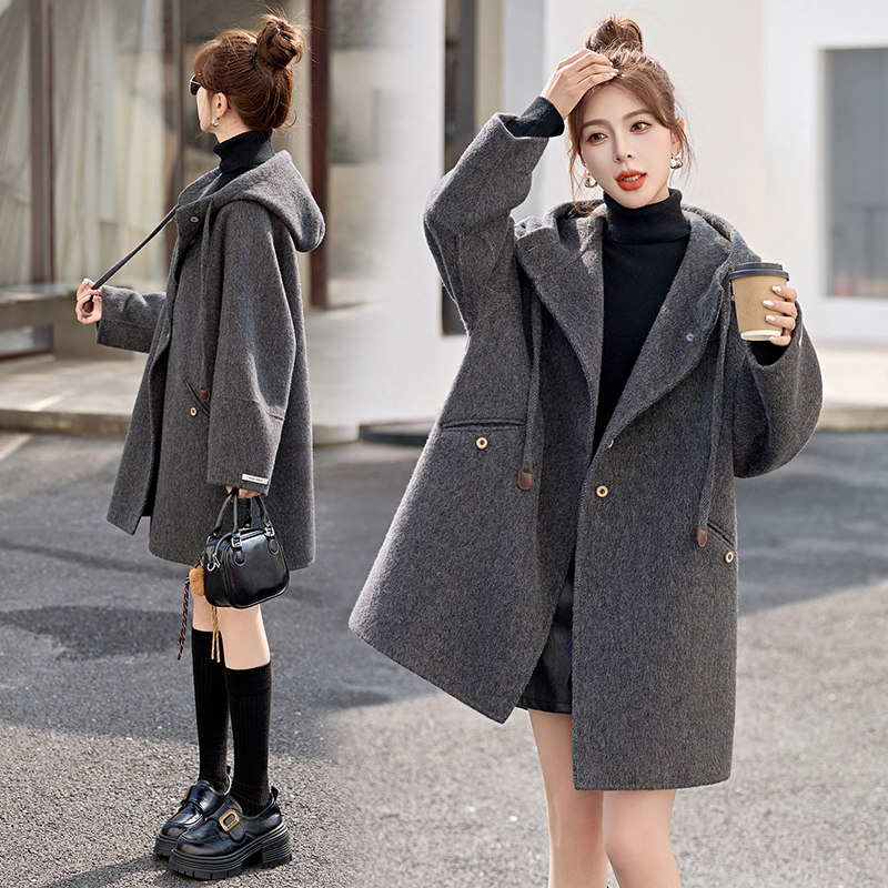 连帽双面羊毛呢大衣女秋冬2025新款宽松大码显瘦中长款毛呢外套