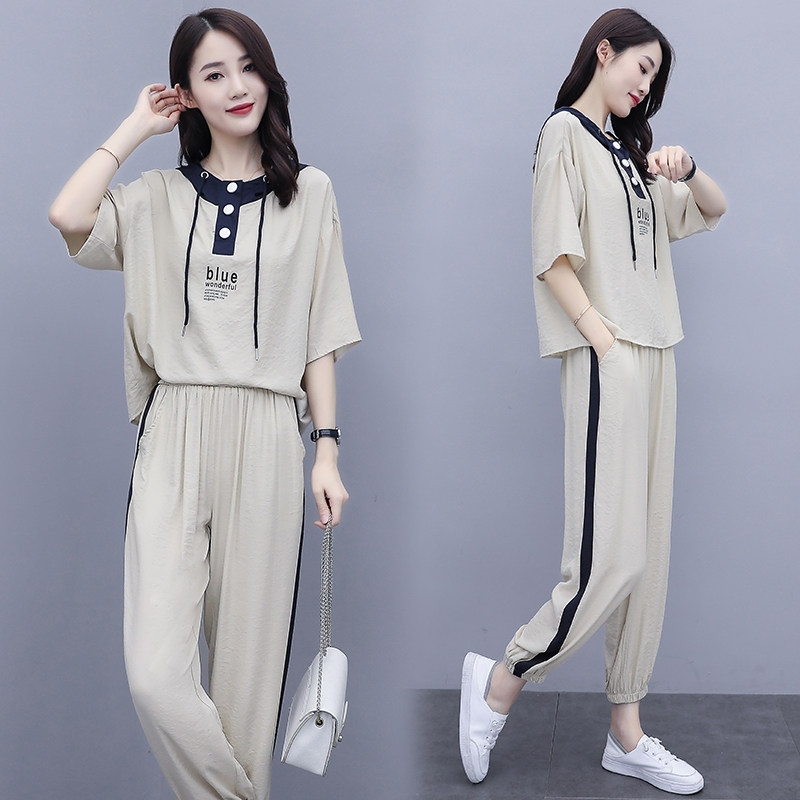 冰丝休闲运动套装女夏季2025新款时尚洋气时髦宽松短袖t恤两件套