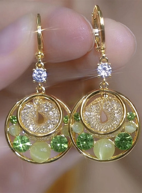 铜合金锆石耳饰圆圆满满绿色圆形耳环高级感国风旗袍花朵款耳坠女