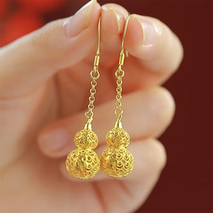 金色长款镂空葫芦耳环国风复古好远招财福禄耳饰高级感简约耳钩女