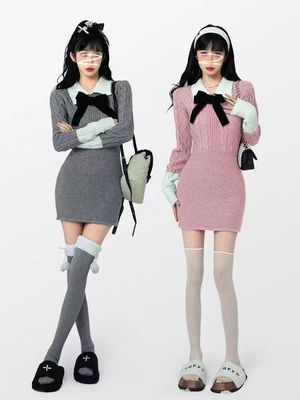 芭比姨 学院风毛衣连衣裙女秋冬裙子大衣内搭长袖针织裙包臀短裙
