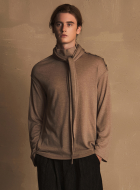 TAM TUAS【洋流】美丽奴羊毛混纺保暖领巾侧开衩针织打底长袖T恤