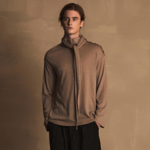 美丽奴羊毛混纺保暖领巾侧开衩针织打底长袖 洋流 T恤 TUAS TAM