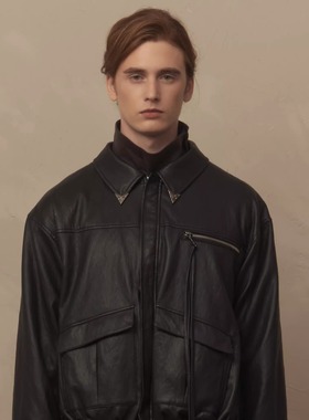 TAM TUAS【摩纳哥】金属丝皮革廓形复古老钱boxy抽绳口袋皮衣夹克