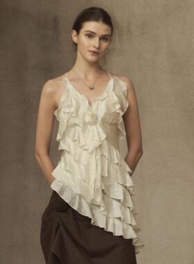 TAM TUAS【花月夜】韩国进口兰精天丝立体胸花荷叶褶醋酸吊带打底