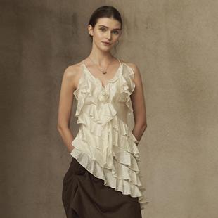 韩国进口兰精天丝立体胸花荷叶褶醋酸吊带打底 花月夜 TAM TUAS