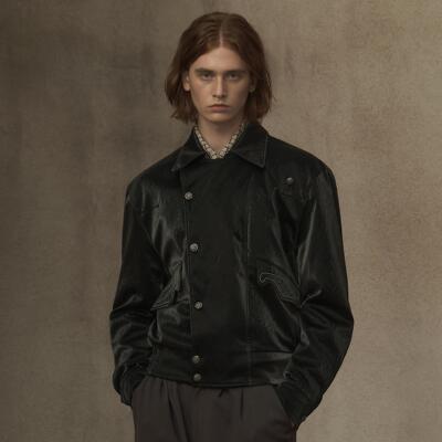 TAM TUAS【镜花】日本进口花卉刺绣boxy音符丝绒皮夹克bomber皮衣