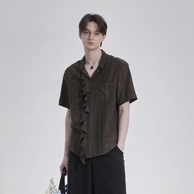 TAM TUAS【丝绸木】橡木棕天丝雨露亚麻风琴褶边短袖衬衫