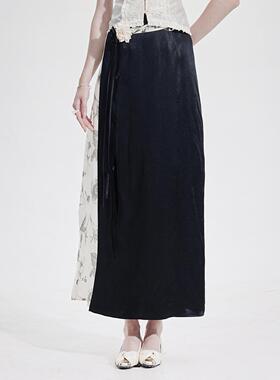 TAM TUAS【琴音】黑色肌理感二醋酸系带花卉半裙