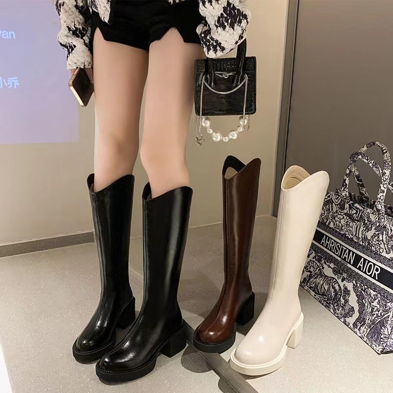 商场同款骑士靴女2026年秋季棕色长筒白色小个子高筒高跟加绒长靴