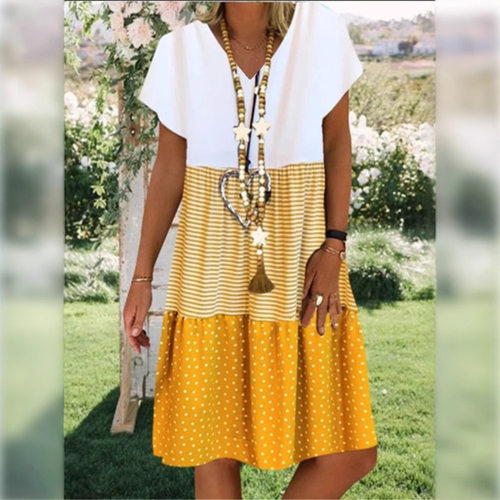 Fashion Flower V-neck Short sleeved Dress for Women, Loose