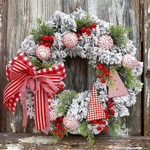 Christmas balls, pine needles, flower garlands, bows, red