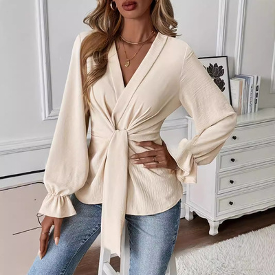 New V-neck long sleeved shirt top for commuting style, women