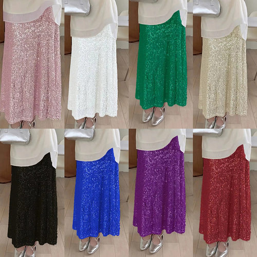 New women's sequin high waisted lining elastic half skirt