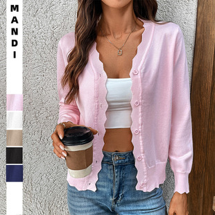 women's Summer V-neck Long sleeved Knitted Cardigan Sweater