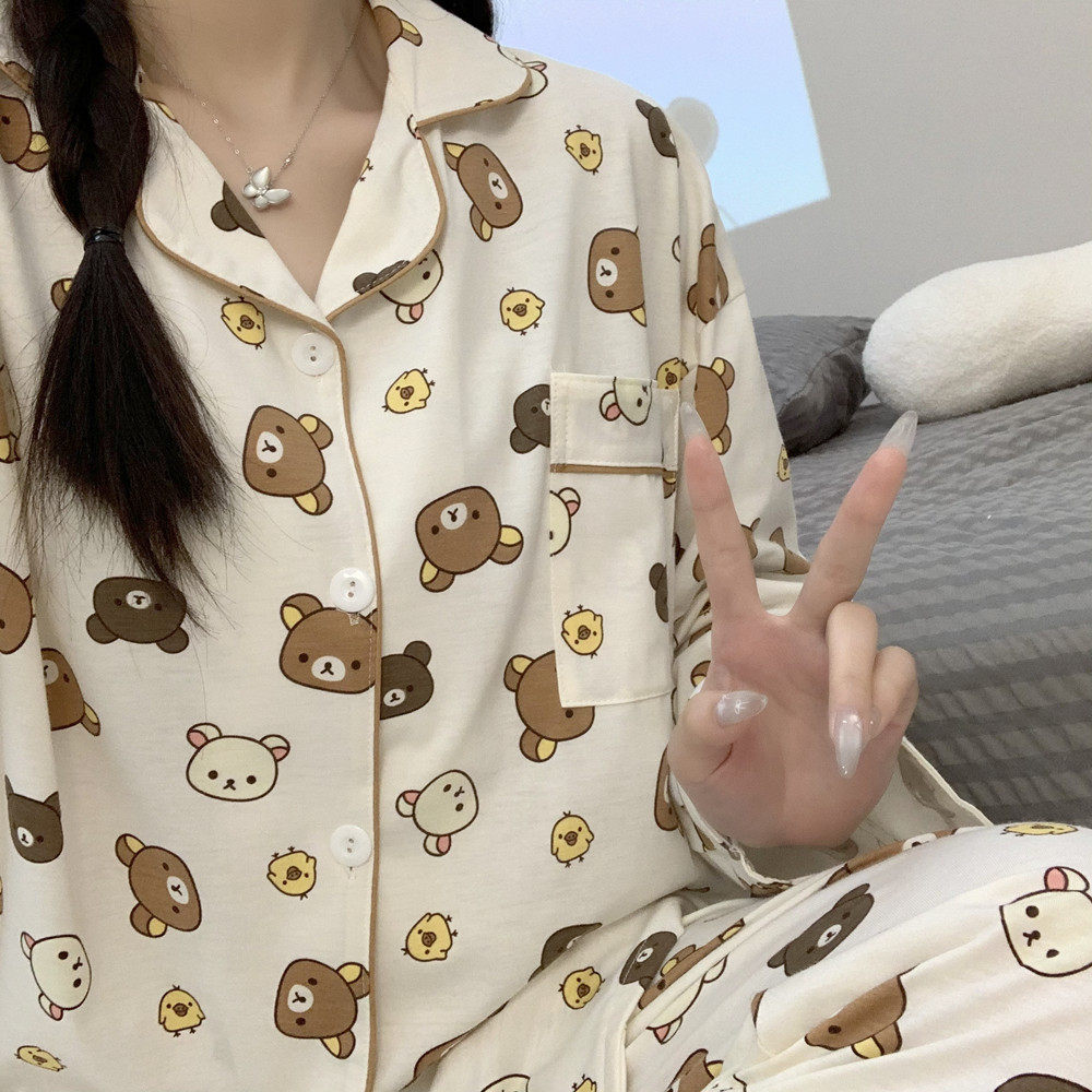 小熊情侣睡衣女春秋季新款纯棉长袖可爱学生加大码男士家居服套装