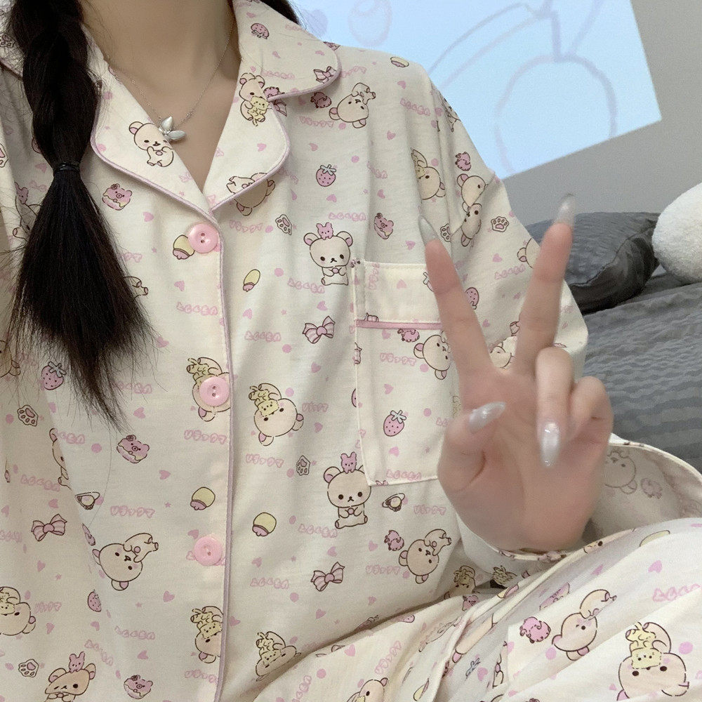 卡通轻松熊睡衣女春夏季纯棉长袖长裤可爱学生大码秋天家居服套装