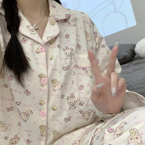 轻松熊睡衣女春夏季纯棉长袖大码
